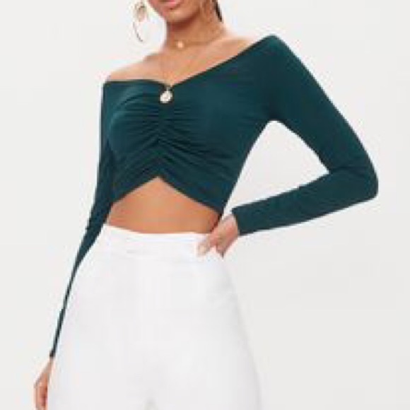 PrettyLittleThing Tops - PLT Emerald Green Ruched Long Sleeve Crop Top